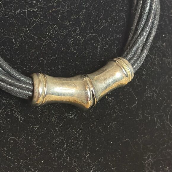 Multistrand black leather cord necklace with silver tone slider metal hook 16” - Picture 2 of 6